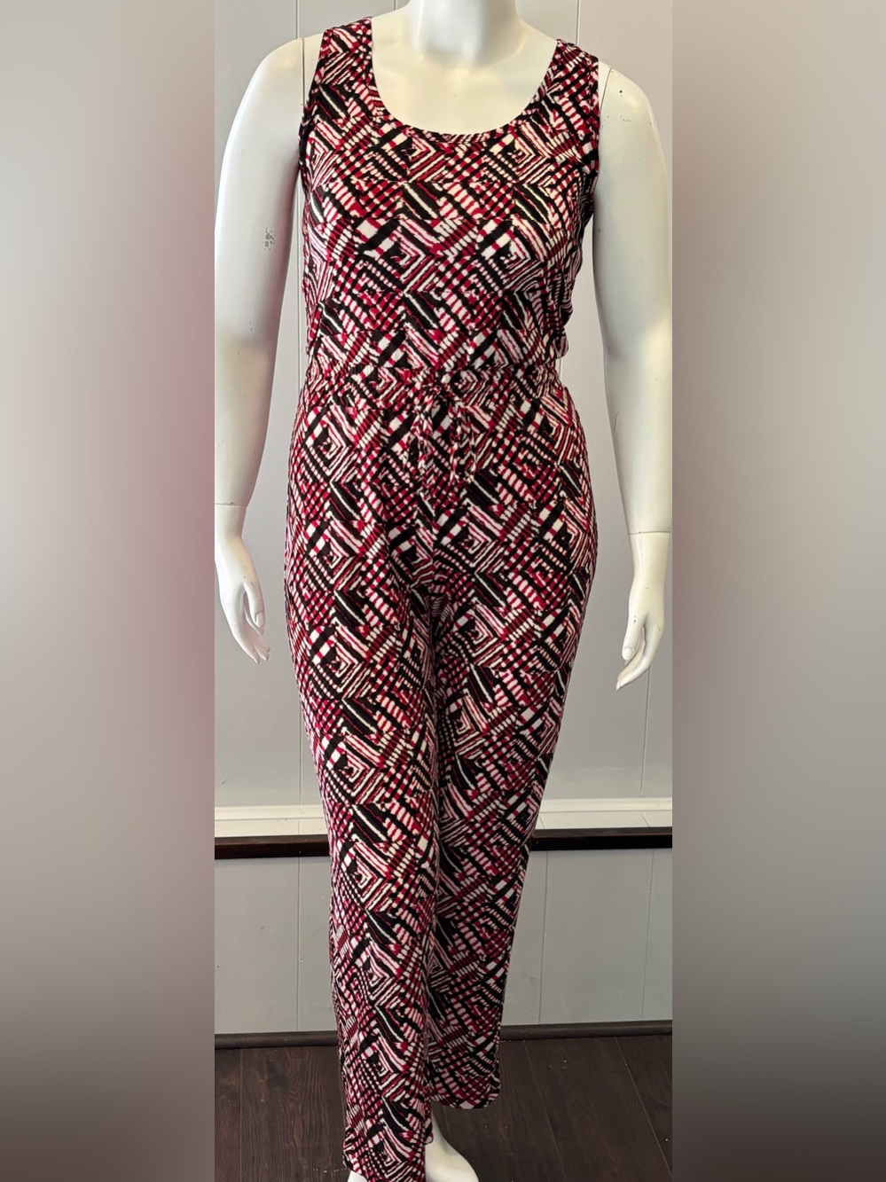 Calvin Klein Red & Black Geometric Sleeveless Jumpsuit